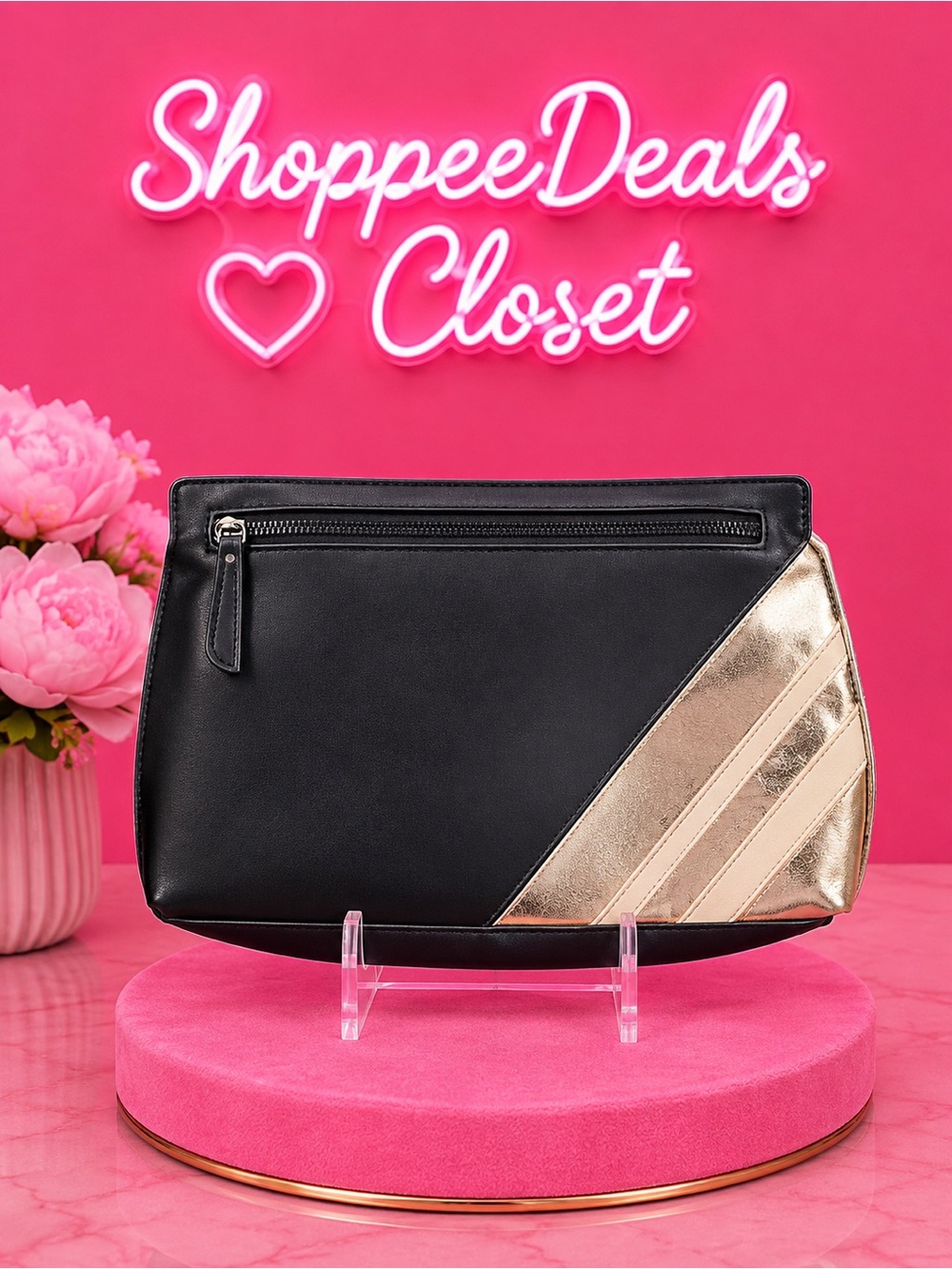 Emperia Black & Gold Faux Leather Clutch – Metallic Stripe Evening Bag